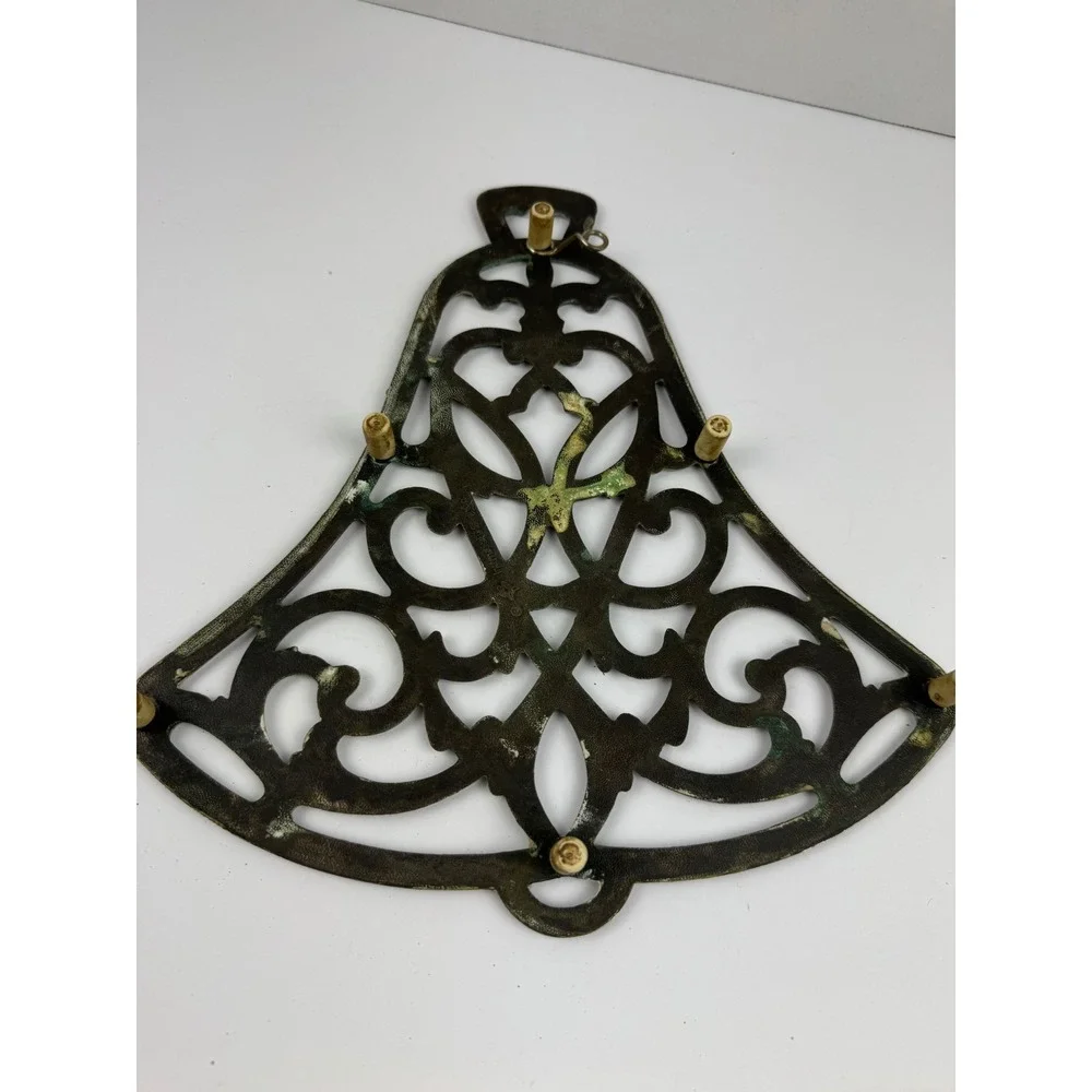 Vintage Bell Shaped Cast Metal Christmas Trivet Heart Scroll Work Wall Hanging